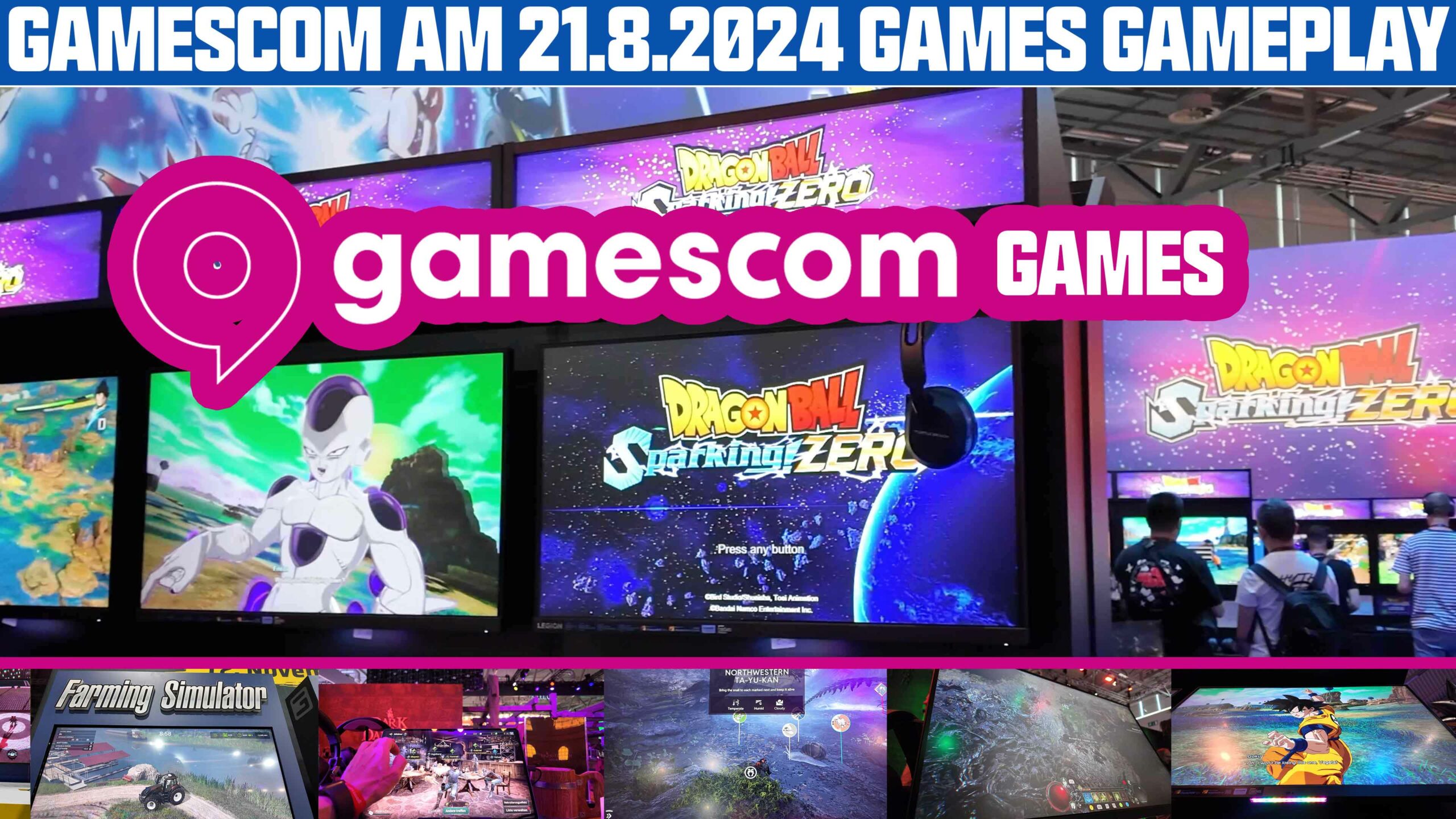 Gameplay-Szenen von Dragon Ball und Farming Simulator auf der Gamescom 2024 mit verschiedenen Bildschirmen.