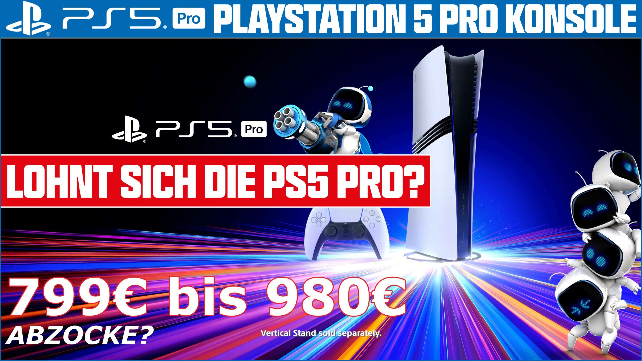 PlayStation 5 Pro Konsole mit Controller und Roboterfigur auf buntem Hintergrund, Preisangabe zwischen 799€ und 980€.