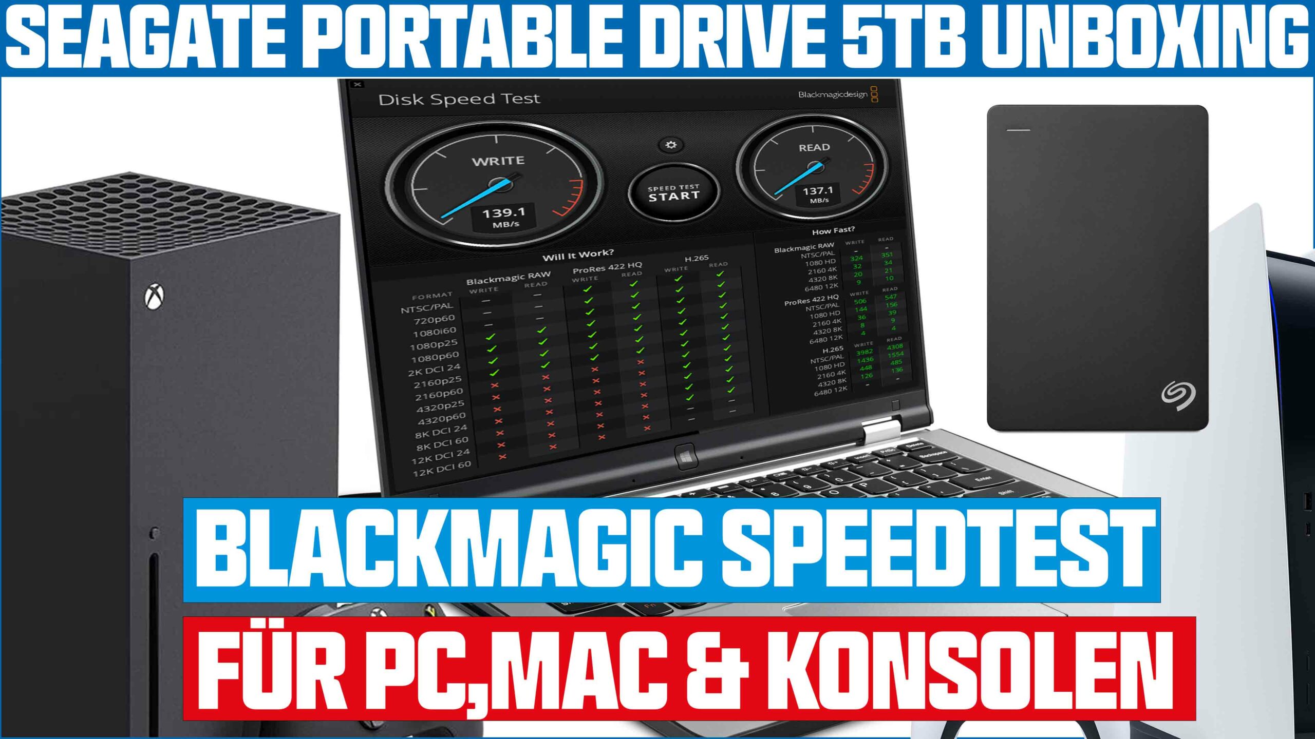 Seagate tragbare Festplatte mit 5TB Speicherplatz, getestet mit Blackmagic Speedtest auf Laptop.
