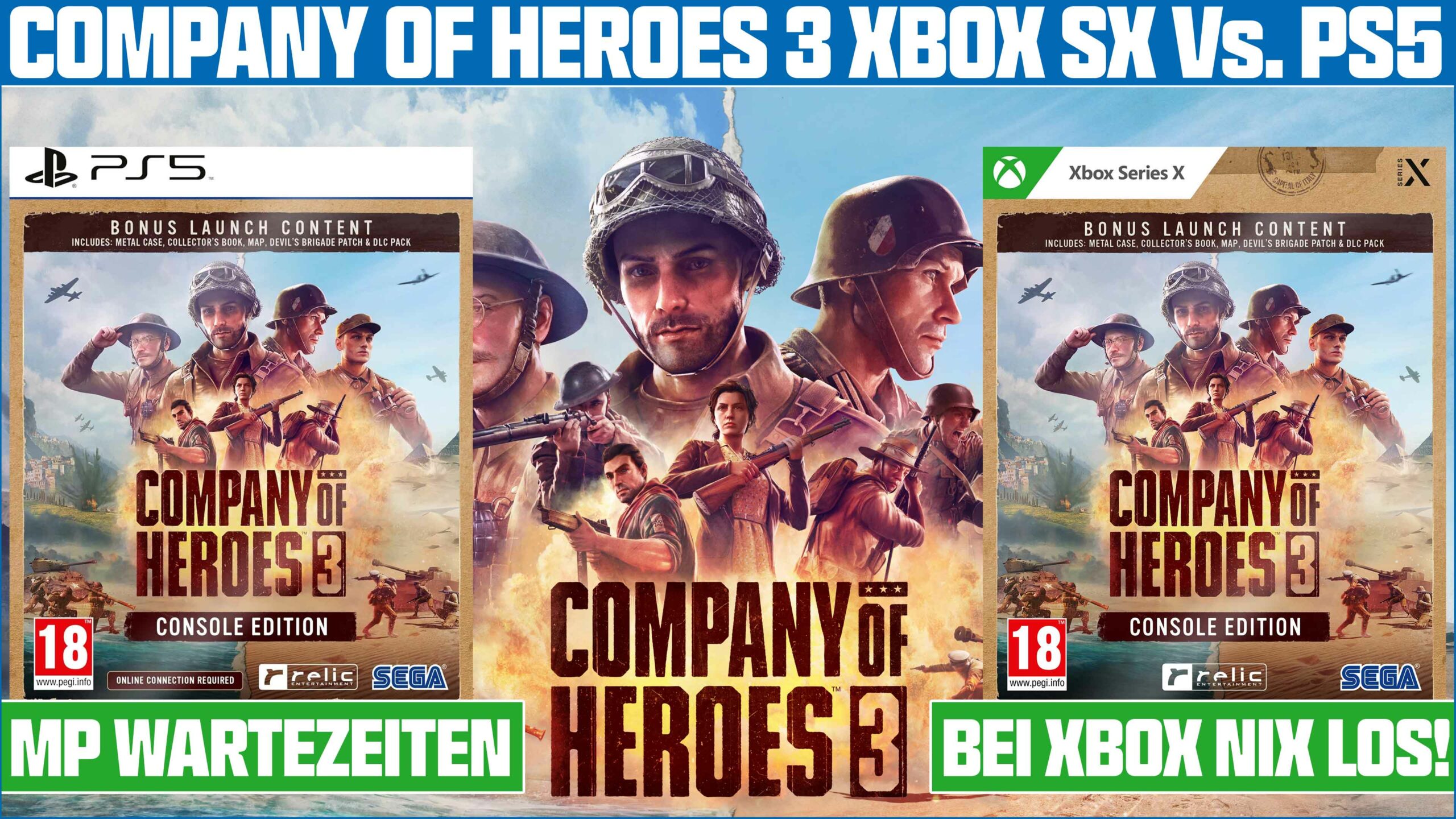 Cover von Company of Heroes 3 für Xbox Series X und PS5 mit Charakteren und Spielinformationen.