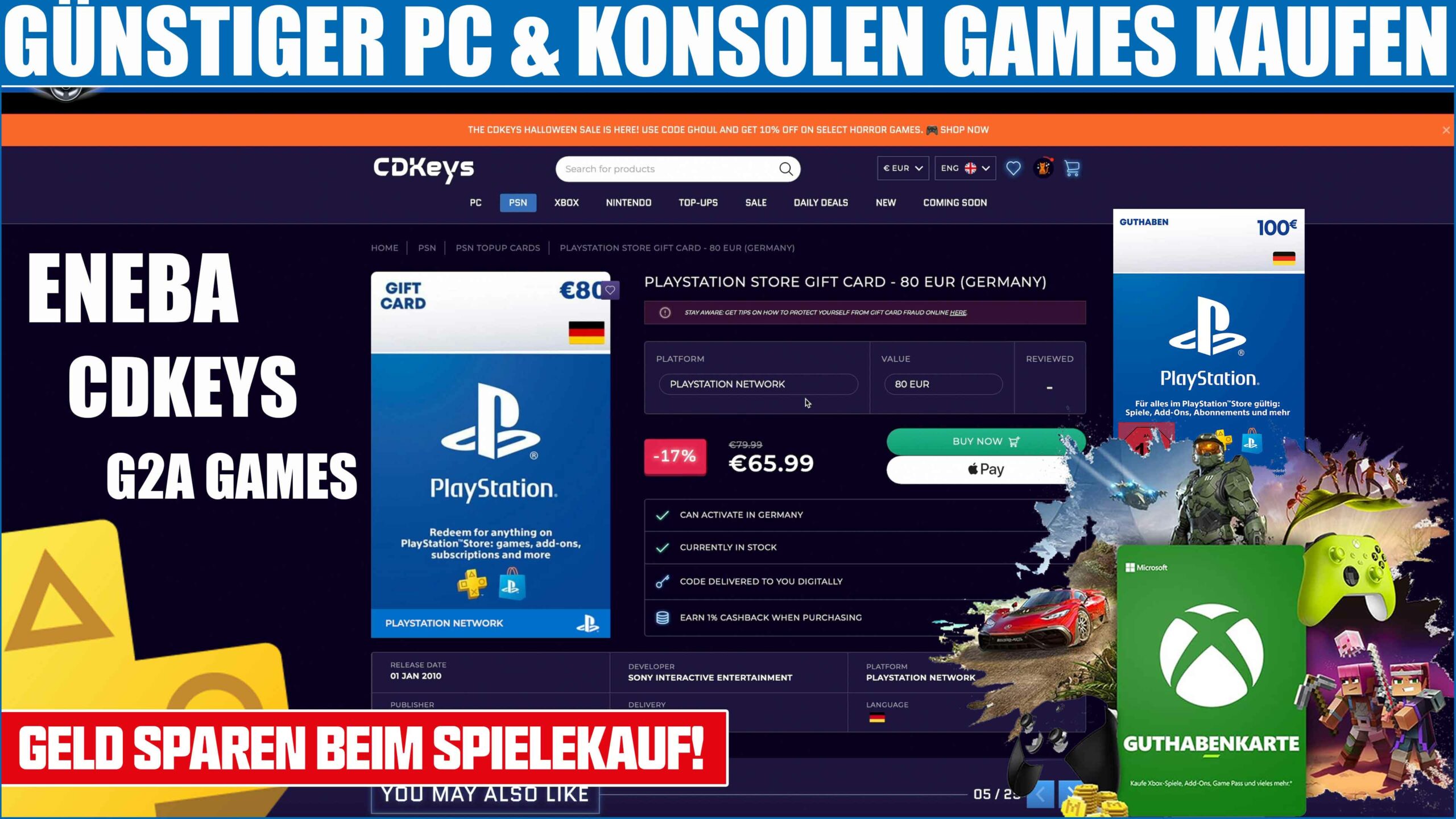 Webseite mit Angeboten für PC- und Konsolenspiele, einschließlich PlayStation Store Geschenkkarten und Rabattinformationen.