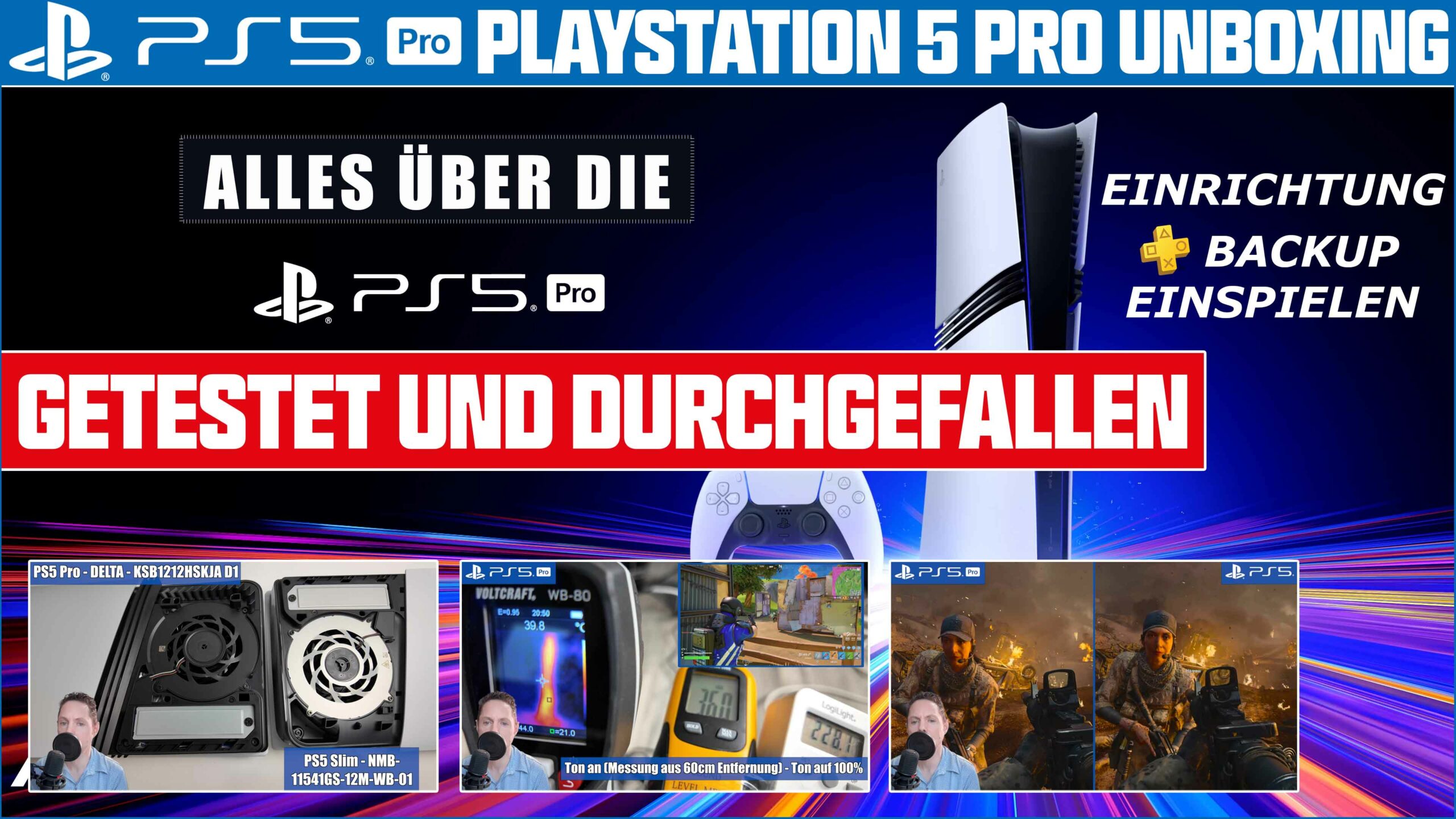 PlayStation 5 Pro Unboxing mit verschiedenen Bildern und Texten zu Einrichtung und Backup.